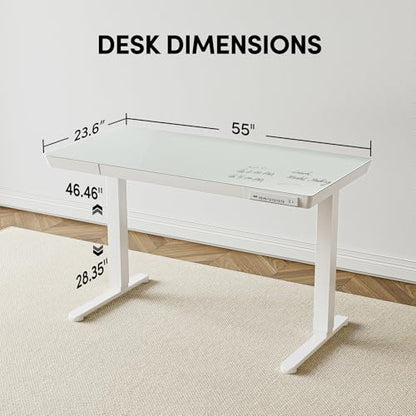 BANTI Electric Standing Desk with Drawers, 55 inch Whole-Piece Glass Desktop, Height Adjustable Stand up Sit Stand Home Office Ergonomic Workstation, White Tabletop - color: White, size: 55 Inch
