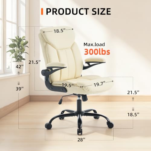 Ergonomic Home Office Chair PU Leather Comfy Computer Chair, Beige | Flip-up Armrest, Height Adjustable, Lumbar Support, 360° Swivel Wheels Managerial Executive Chairs for Work Gaming Home Use - color: Beige