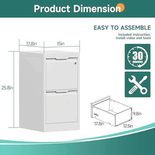 2 Drawer Metal Vertical File Cabinet with Lock for Home Office | 17.8 Inch Depth,Under Desk Small Filing Cabinet,Adjustable Hanging Bar,Fits Letter & Legal Size Files,Easy to Assemble,White - color: White, size: 17.8"D x 15"W x 25.8"H（2 Drawers）