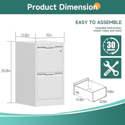 2 Drawer Metal Vertical File Cabinet with Lock for Home Office | 17.8 Inch Depth,Under Desk Small Filing Cabinet,Adjustable Hanging Bar,Fits Letter & Legal Size Files,Easy to Assemble,White - color: White, size: 17.8"D x 15"W x 25.8"H（2 Drawers）