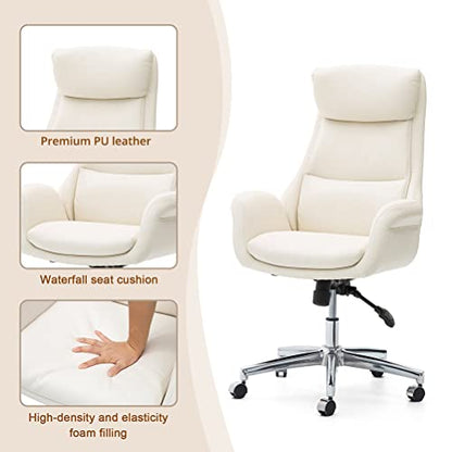 Glitzhome Modern Executive Home High-Back Office Chair - Leather Adjustable Swivel Desk Chair with Armrest(Cream) - color: Cream