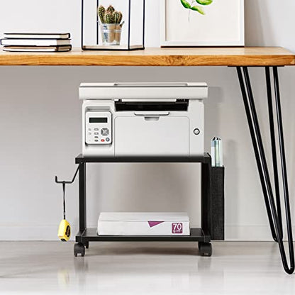 BTY Under Desk Printer Stand Small Printer Table with Storage 2 Tier Printer Cart with Wheels Desktop Printer Stands for Office Home Scanner Printer (Black) - color: Black