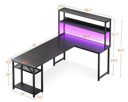 ODK 61 Inch L Shaped Gaming Desk with Hutch & Headphone Hook - size: 61 Inch