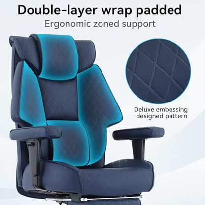 EXCEBET 400lbs Big and Tall Executive Office Chair, Blue PU Leather | Retractable footrest, 135° recline, Lumbar support, Ergonomic high back, Heavy-duty design, Thick cushion, Padded armrests - color: Navy Blue