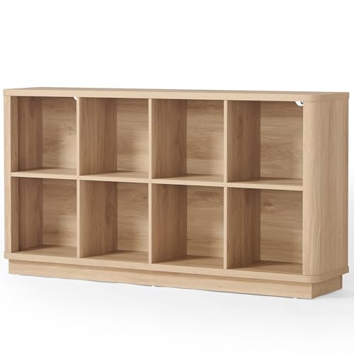Joaxswe 8 Cube Storage Book Shelf, 52" Long Horizontal Bookshelf with Curved Edge, Floor Standing Wooden Cubby Bookcase with Base, Modern Low Console Book Case, TV Stand for Living Room, Natural Oak - color: Natural Oak, size: 8 Cube (11.81"D x 52.75"W x
