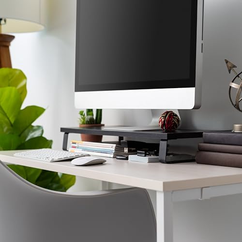 IRIS USA 1-Tier Multi-Purpose Modern PC Monitor Organizer Stand with Metal Legs, Ergonomic Desktop and Countertop Riser for Computer Laptop TV Kitchen Pantry and Closet Organization, Black | Elevates monitors and laptops while organizing keyboards, office