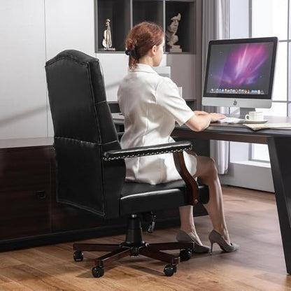 Tufted Office Chair, Faux Leather Executive Desk Chair w/High Back & Nail Head Trim,Ergonomic Wingback PC Chair for Home Living Room (Black) - color: Black
