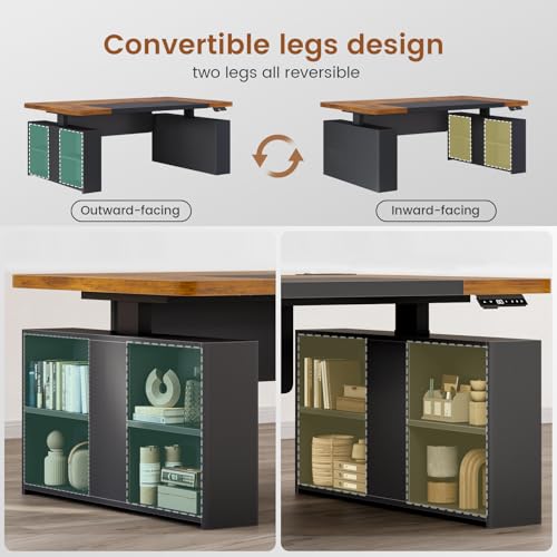 SEDETA 63" Executive Standing Desk with Storage, Executive Height Adjustable Desk with Power Outlets, Large Computer Office Desk with Privacy Panel for Home Office, Brown+Black - color: Rustic Brown