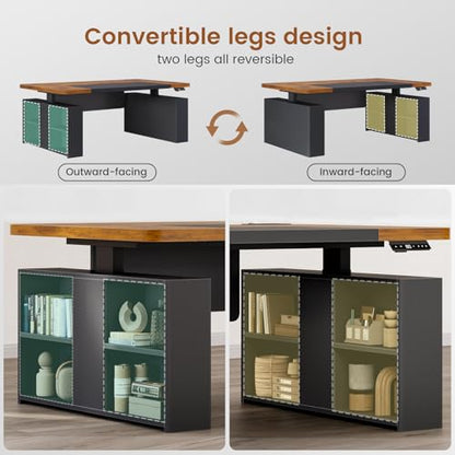 SEDETA 63" Executive Standing Desk with Storage, Executive Height Adjustable Desk with Power Outlets, Large Computer Office Desk with Privacy Panel for Home Office, Brown+Black - color: Rustic Brown