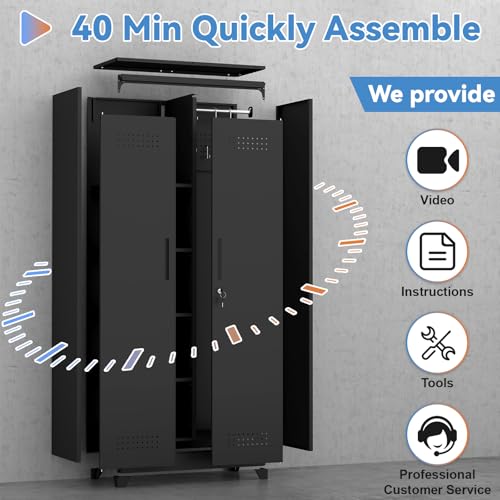 Metal Utility Closet,Broom Closet Storage Cabinet with Doors and Shelves,Locking Storage Cabinets for Home Office,Gym,Laundry,Black - size: 72"H x 31.5"W x 15.74"D-Black