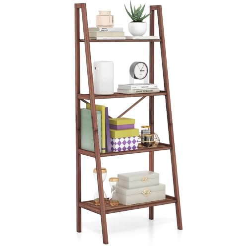 Giantex 4-Tier Bamboo Bookshelf, Indoor Free Standing Plant Stand Display Rack w/Anti-Tipping Device, Corner Bamboo Ladder Shelf for Small Space, Living Room, Kitchen, Bedroom, Office, Walnut - color: Walnut