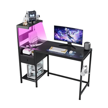 Computer Desk with Power Outlet and USB Charging Station, Space-Saving Study Writing Table with Storage Shelves, PC Laptop Workstation for Home Office Bedroom (Black) - color: Black