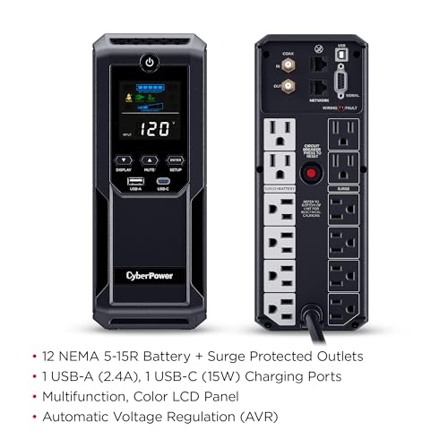 CyberPower CP1500AVRLCD3 Intelligent LCD UPS Battery Backup | 1500VA/900W, 12 Outlets, 2 USB Ports, AVR, Mini Tower, UL Certified - size: 1500VA with USB