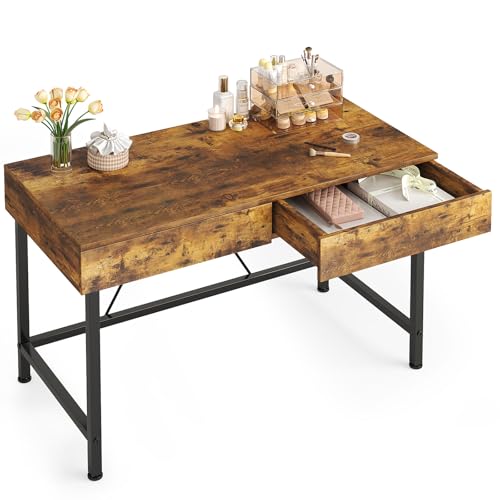 VERMESS 40 Inch Solid Wood Desk with Drawers, Small Computer Desk for Small Space,Modern Makeup Vanity Desks No Mirror, Writing/Study/Work Table for Home Office, Kids Desks for Bedroom, Rustic Brown - color: Rustic Brown