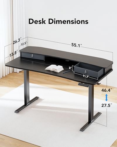 HUANUO 55″ x 26″ Electric Standing Desk with 2 Drawers, C-Clamp Mount Compatible, Height Adjustable Computer Desk, Home Office Stand Up Desk with 4 Preset Heights & 2 Hooks, Black - color: Black, size: 55" X 26"
