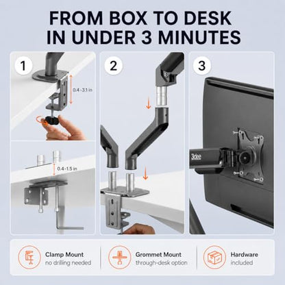 3IDEE FlexiLite Dual Monitor Arm Desk Mount for 17-32" Screens, Holds up to 20 lbs per Monitor, Slim Aluminium Design, Fully Adjustable, Quick Box to Desk Setup, Clamp/Grommet Base, VESA 75/100 - size: 2 Monitore