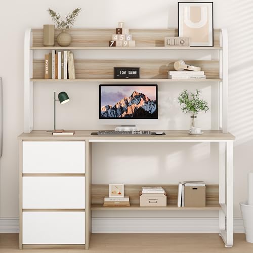 MaverickFurni 55 Inch Computer Desk with Hutch and 3 Drawers, Natural Oak - color: Natural Oak, size: 55"W