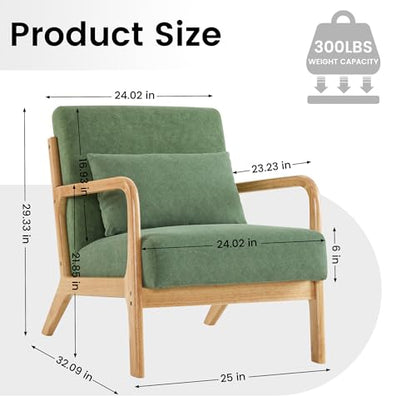 Mid Century Modern Accent Chair Set of 2, Upholstered Chair for Living Room, Accent Chair with Lumbar Pillow Solid Wood Frame Reading Chair Armchair for Bedroom Small Spaces, Green - color: Green
