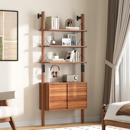 JOINICE 6 Tier Ladder Bookshelf with Storage Cabinet for Living Room,Cherry