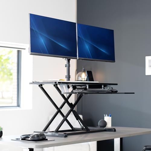 VIVO Black 36 inch Desk Riser with Monitor Mount, DESK-KIT-036K2K | Standing Desk Converter with Dual Monitor Mount for up to 32 inch Screens, Height Adjustable Riser, Mechanical Spring Arms - size: 36"