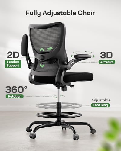 Marsail Drafting Chair, Tall Office Chair with 2D Lumbar Support, Standing Desk Chair with Padded Flip-Up Armrests & Adjustable Footrest Ring, Black - color: Black