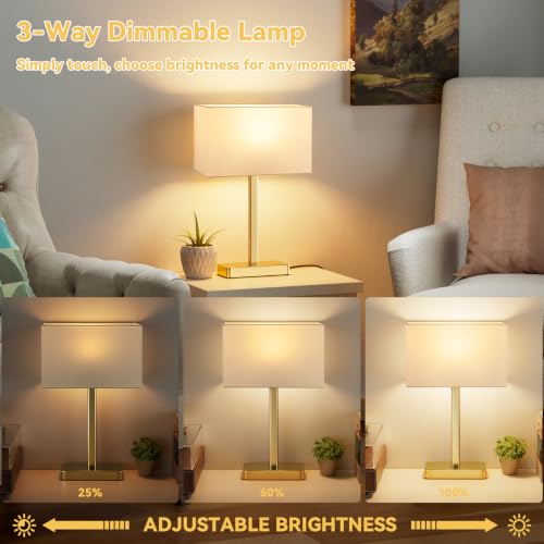 Hong-in Touch Lamps for Bedroom, Bedside Table Lamps Set 2, D. White&Gold | Modern Table Lamp for Nightstands, Desk Lamp for Bedroom, with USB C+A, End Tables Bed Side, Bulb Included, 3 Way Dimmable - color: D. White&Gold