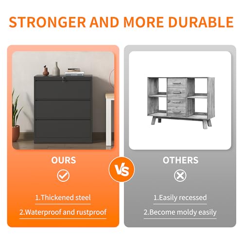 3 Drawer Lateral File Cabinet with Lock,Black Home Office Cabinet | Heavy Duty Large Steel Filing Cabinets Wide Storage Cabinet for Legal/Letter Size File,Assembly Required - size: Lateral-3 drawers