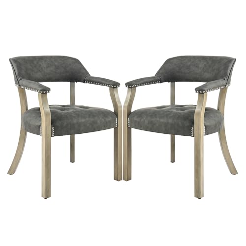 LEEMTORIG Set of 2 Faux Leather Dining Chairs With Arms and Supportive Back - Accent Poker, Boss Caption's, Office Desk Chairs - Soft Grey Legs & Dark Grey PU CY-NX173-DG - color: Soft Grey Legs & Dark Grey Pu, size: Set of 2