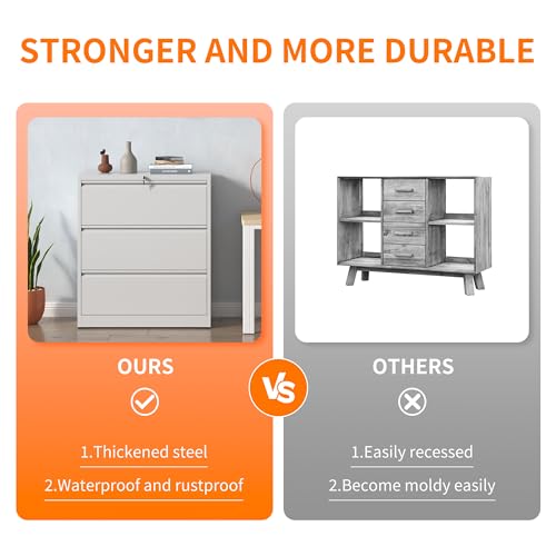 3 Drawer Lateral File Cabinet with Lock,White Metal Filing Cabinet - color: White, size: 40.4"H-3 drawers