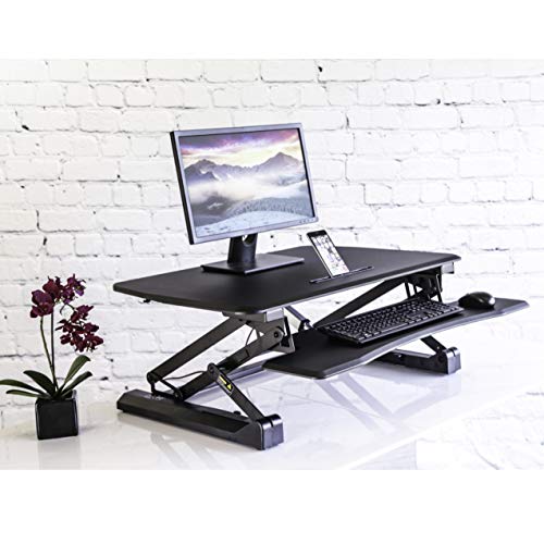 Seville Classics OFF65806 Airlift 36" Electric Height Adjustable Standing Desk Converter Workstation with 2.1A USB Charger Ergonomic Motorized Dual Monitor Riser Full Black - color: Electric Black