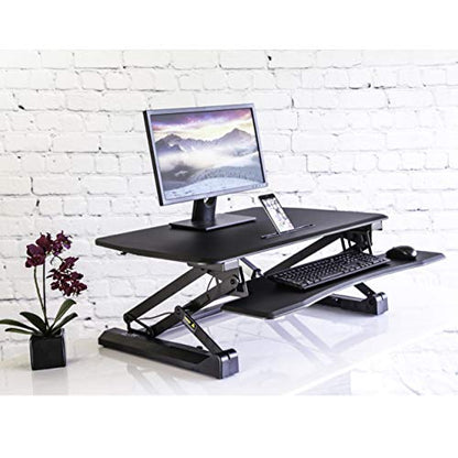 Seville Classics OFF65806 Airlift 36" Electric Height Adjustable Standing Desk Converter Workstation with 2.1A USB Charger Ergonomic Motorized Dual Monitor Riser Full Black - color: Electric Black