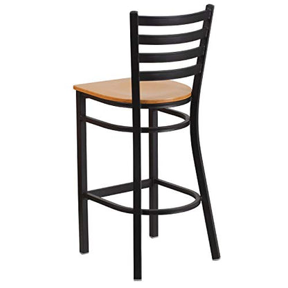 Flash Furniture 2 Pack HERCULES Series Black Ladder Back Metal Restaurant Barstool - Natural Wood Seat - color: Natural Wood Seat/Black Metal Frame, size: Set of 2