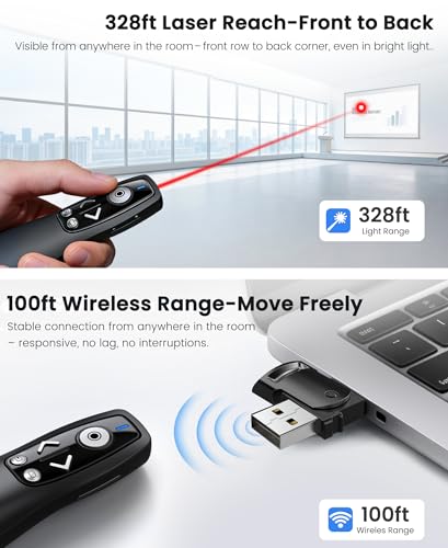Presentation Clicker with USB-A & USB-C Receiver, 2.4GHz Wireless Presenter Remote with Volume Control & Red Light Pointer, Clicker for PowerPoint Slides Slide Advancer for Mac Computer, Plug & Play - color: Black