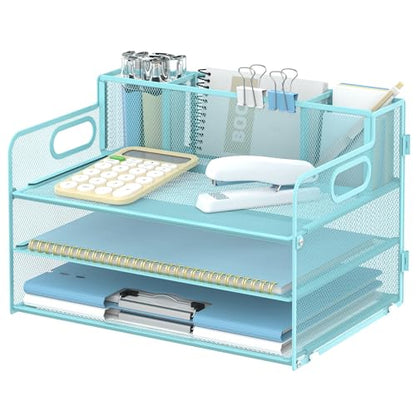 3-Tier Desk Organizer with Pen Holder and Handles, Paper Organizer, Blue - color: Blue