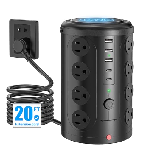 Power Strip Tower Surge Protector with 16 Outlets and 5 USB Ports (2 USB-C), 20FT Extension Cord with Multiple Outlets,Heavy Duty Charging Station,Home Office Dorm Room Essentials.No Wireless Charging - color: Black, size: 20FT without wireless charging