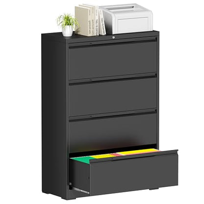 Bestoo 4 Drawer File Cabinet, Metal Lateral Filing Cabinet with Lock - color: Black, size: 4 Drawer 15.7" D x 35.4" W x 51.8" H