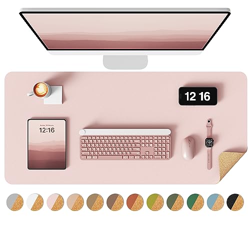YSAGi Double-Sided Cork PU Leather Waterproof Desk Pad Protector for Office - color: Pink+cork, size: 31.5" x 15.7"