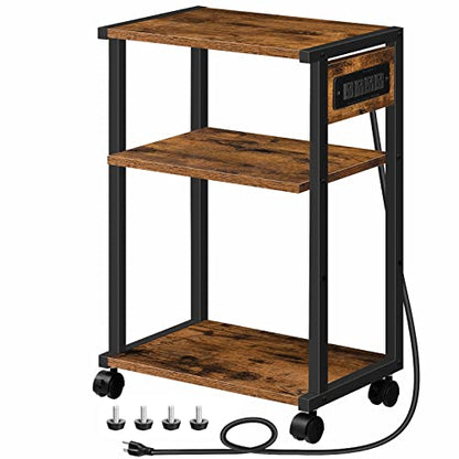 HOOBRO Industrial Printer Stand with Charging Station, 3-Tier Printer Table, Rolling Printer Cart with Adjustable Shelf and Hook, Rustic Brown and Black BF28UPS01 - color: Rustic Brown + Black
