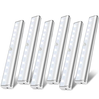 Hopedone Under Cabinet Lights, 10LED Battery Motion Sensor Light Indoor Magnetic Stick-Anywhere Closet Lights for Stair Kitchen Wardrobe Hallway(6 Pack) | 10 LEDs per light, up to 200 lumens, night-only sensing, 15-20-second auto-off, magnetic mounting, 4