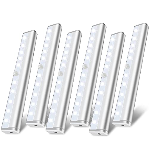 Hopedone Under Cabinet Lights, 10LED Battery Motion Sensor Light Indoor Magnetic Stick-Anywhere Closet Lights for Stair Kitchen Wardrobe Hallway(6 Pack) | 10 LEDs per light, up to 200 lumens, night-only sensing, 15-20-second auto-off, magnetic mounting, 4