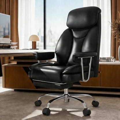 Big and Tall Office Chair, Executive Home Office Desk Chair, Comfy Leather High-Back Reclining Computer Chair with Retractable Footrest and Padded Arms, 360°Swivel Rolling Wheels, Wide Seat, Black - color: Black