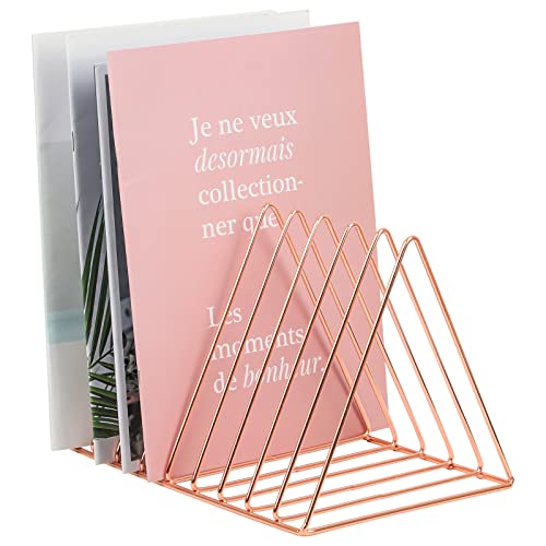 Rose Gold Magazine Holder, Desktop File Sorter Organizer Triangle 9 Slot Newspaper Record Storage Shelf Rack for Home Office Decoration - color: Rose Gold