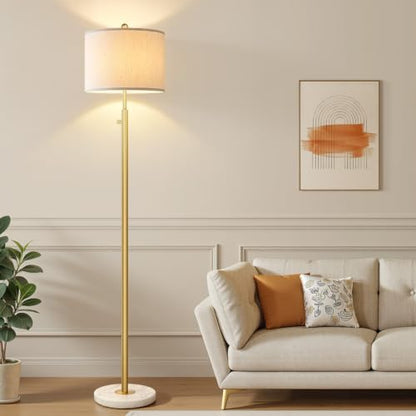 Nintiue Dimmable Gold Floor Lamp, Turkish Marble Base, White Linen Shade | Turkish marble base, 0-100% stepless dimming, 11W 2700K bulb, white linen shade, Non-Slip Base, 64.6 in tall, save space - color: Gold-Marble-Line Shade
