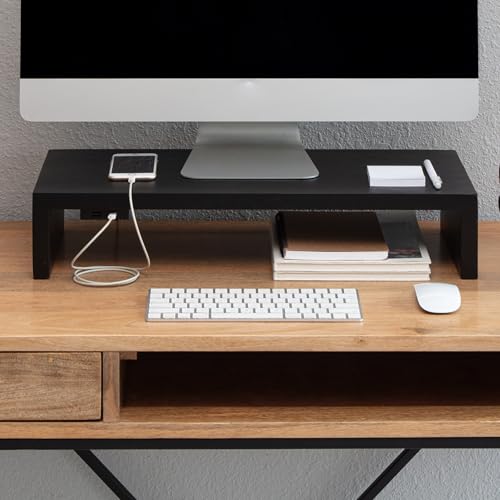 Anji Mountain Wooden Monitor Stand - Elegant Monitor Riser, Perfect Monitor Stand for Desk Organization, Durable Wood Construction monitor stands, Enhances Ergonomics and Workspace Efficiency,Black - color: Black, size: With Power Source