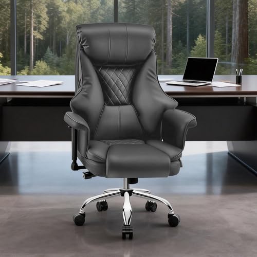 Big and Tall Office Chair - Executive High Back Leather Office Desk Chair with Adjustable Lumbar Support - Ergonomic Comfortable Heavy Duty Computer Gaming Chair with Padded Arms & Wide Seat - color: Grey