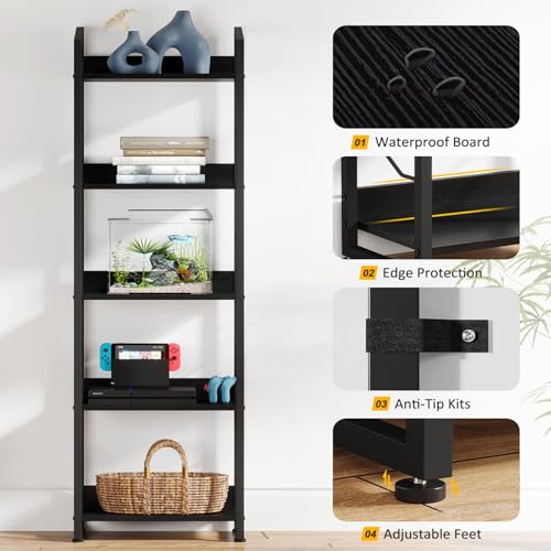 Hosfais 5 Tier Tall Bookshelf: Industrial Wood Book Shelf with Edge Protection Metal Narrow Bookshelf Bookcase Storage Organizer Display Rack for Living Room Home Office (Black) - color: Black