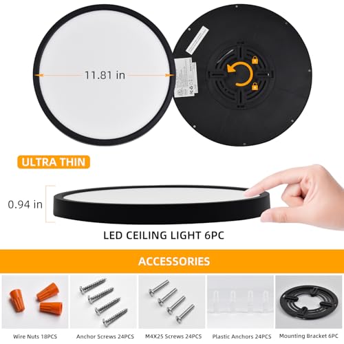 Hlite 12 inch Flush Mount LED Ceiling Light Fixture,2400LM,3CCT,6Pack | 24W Super Slim Light Fixtures Ceiling Mount 3000K/4000K/5000K Selectable,Light Fixtures for Kitchen,Bedroom,Black - color: Black, size: 12 inch-6