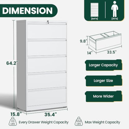 5 Drawer Lateral File Cabinet, Metal Filing Cabinet for Home Office, White | Heavy-Duty Steel Locking Large File Cabinet, Hanging Letter/Legal/A4 Size, Full-Extension Silent Drawer, Un-Assembly - color: White, size: 5 Drawers (35.43 in Width)