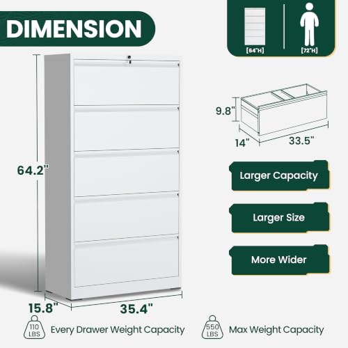 5 Drawer Lateral File Cabinet, Metal Filing Cabinet for Home Office, White | Heavy-Duty Steel Locking Large File Cabinet, Hanging Letter/Legal/A4 Size, Full-Extension Silent Drawer, Un-Assembly - color: White, size: 5 Drawers (35.43 in Width)