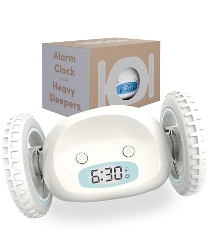 CLOCKY Alarm Clock on Wheels – Loud Rolling Alarm Clock for Heavy Sleepers - color: White